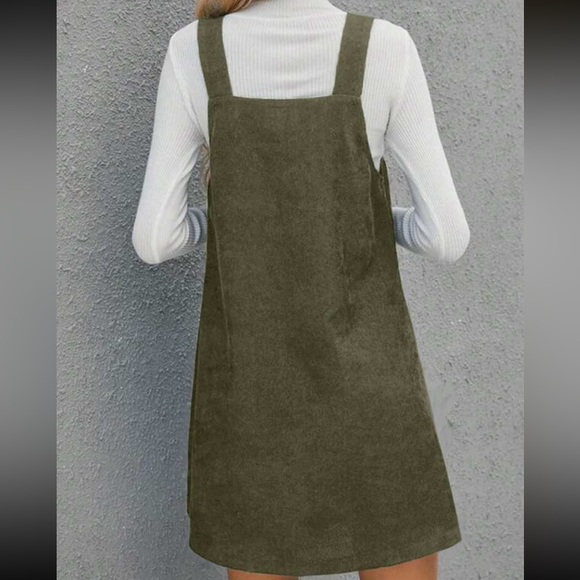 Olive Green corduroy classic mini dress v neck Minimalist - Picture 2 of 3